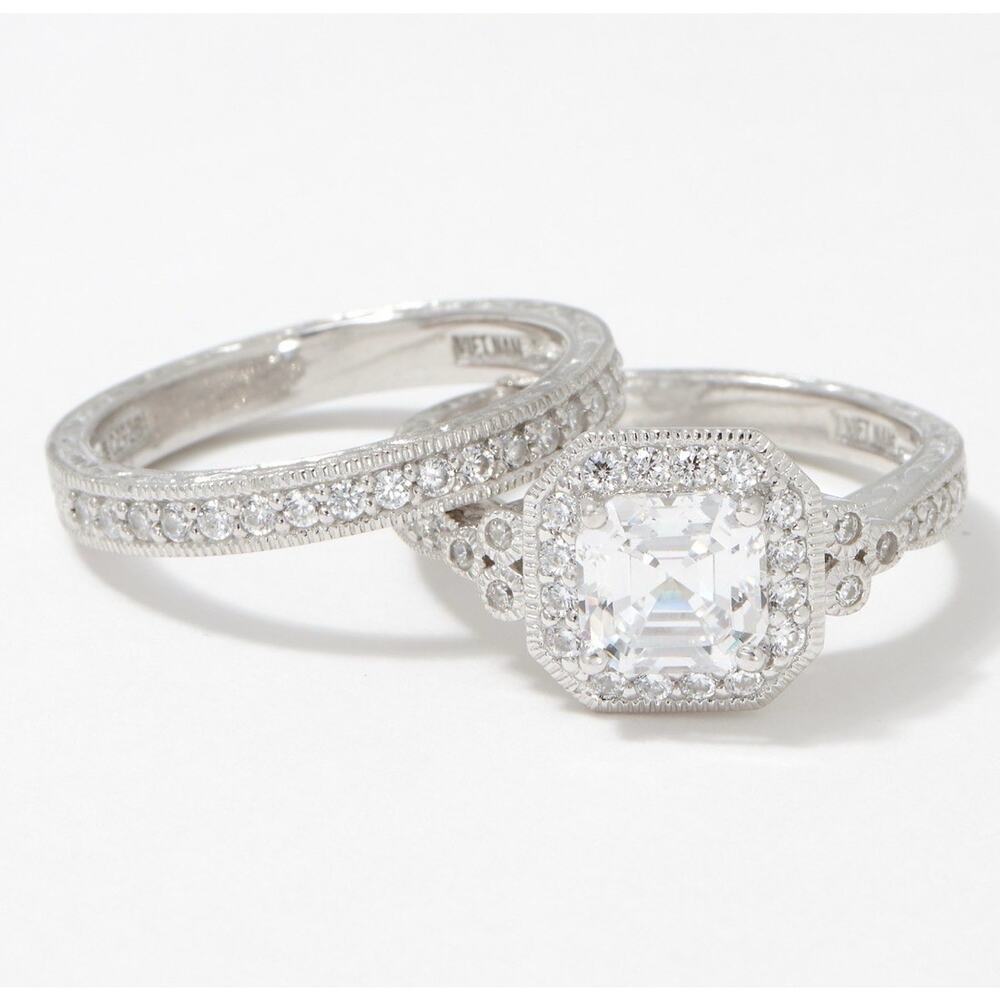 Diamonique Sterling Silver Platinum Clad 2.50 cttw 2 piece Ring Set Size 7